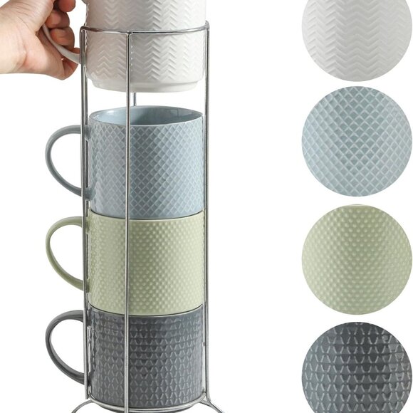Coffee Mugs, Stackable Porcelain Coffee Cups Gift Set of 4 with Metal Stand, 15 - Picture 1 of 6